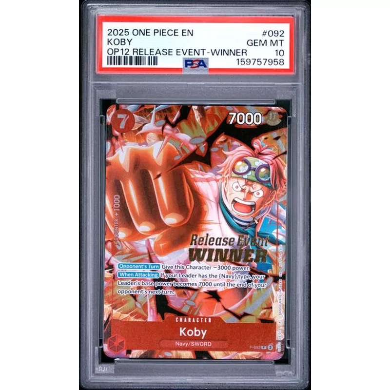 PSA 10 2025 ONE PIECE PROMOS #092 KOBY OP12 RELEASE EVENT-WINNER