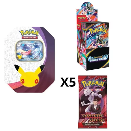 30Th Greninja Tin + Halve Boosterbox Chaos Rising + 5 X Destined Rivals Pack
