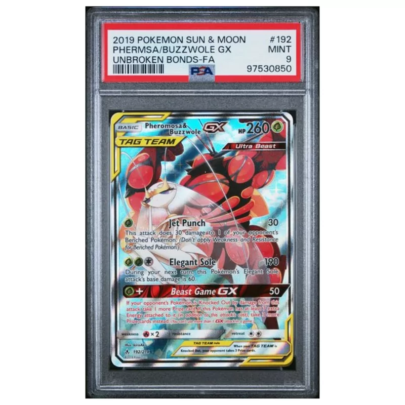 PSA 9 Pheromosa & Buzzwole GX Full Art #192 Unbroken Bonds