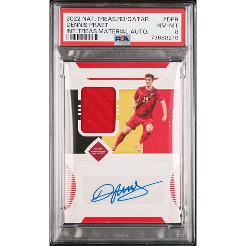 PSA 8 2022 PANINI NATIONAL TREASURES FIFA QATAR AUTOGRAPHS #DPR DENNIS PRAET INT.TREAS.MATERIAL AUTO
