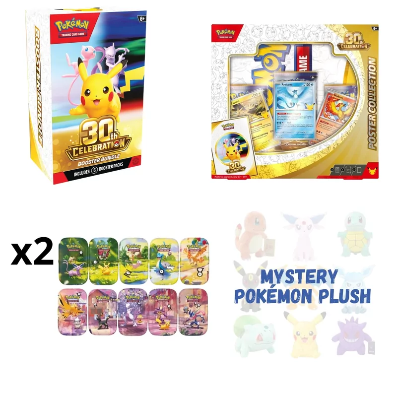 30th Booster Bundle + Poster Collection + 2 X Mini Tin + Mystery Plush 