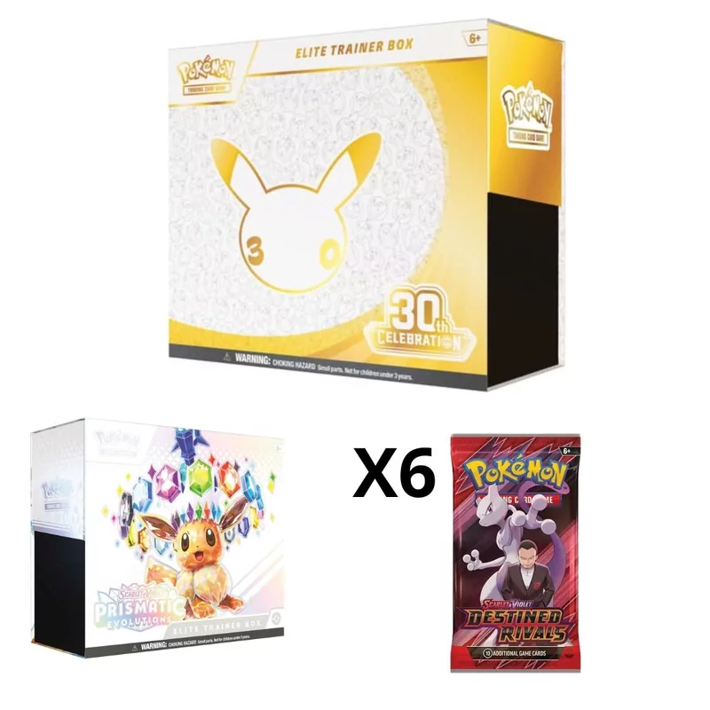 30th Elite Trainer Box + Prismatic Evolutions Elite Trainer Box + 6 Packs Destined Rivals