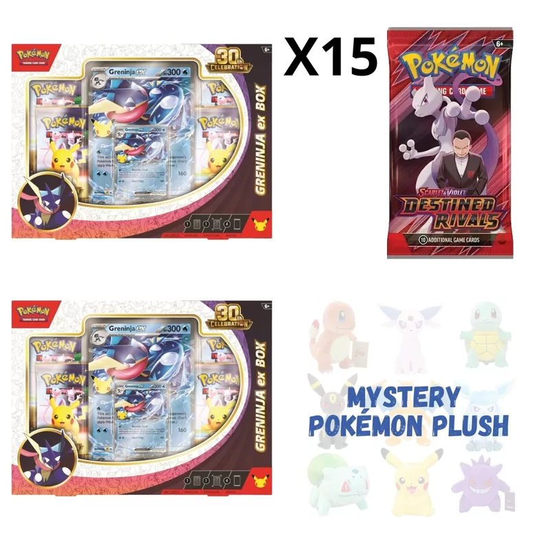 2 X 30th Greninja Box + 15 X Destined Rivals Pack + Mystery Plush