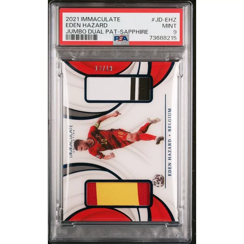 PSA 9 2021 PANINI IMMACULATE COLLECTION JUMBO DUAL PATCHES #JD-EHZ EDEN HAZARD JUMBO DUAL PAT-SAPPHI