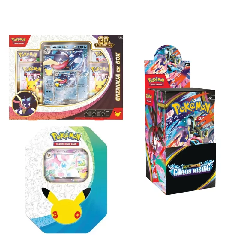 30th Greninja Box + 30th Sylveon Tin + Halve Box ME04 Chaos Rising