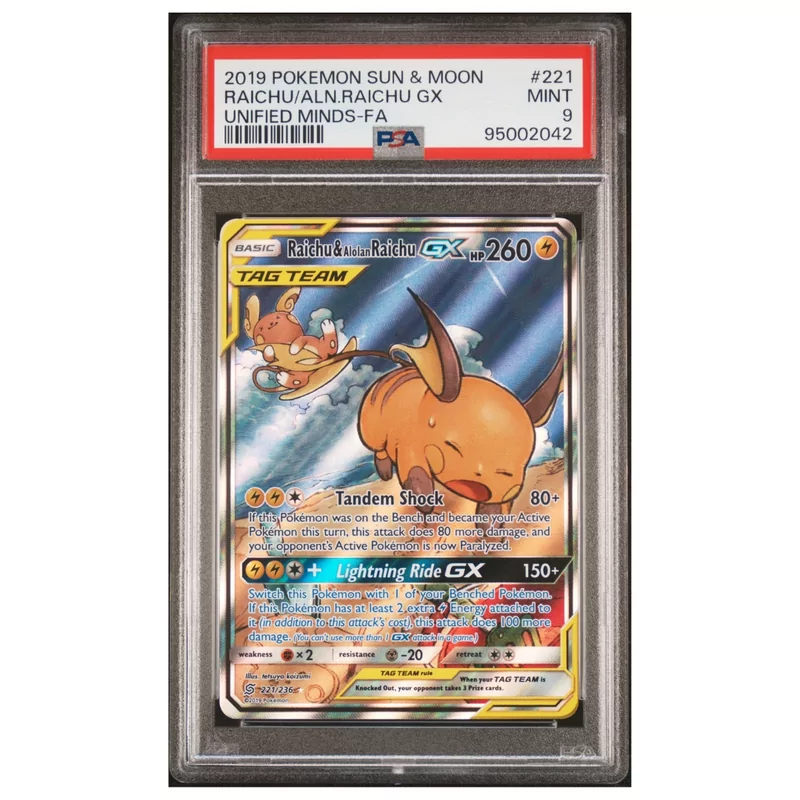 PSA 9 Raichu & Alolan Raichu GX Full Art #221 Unified Minds